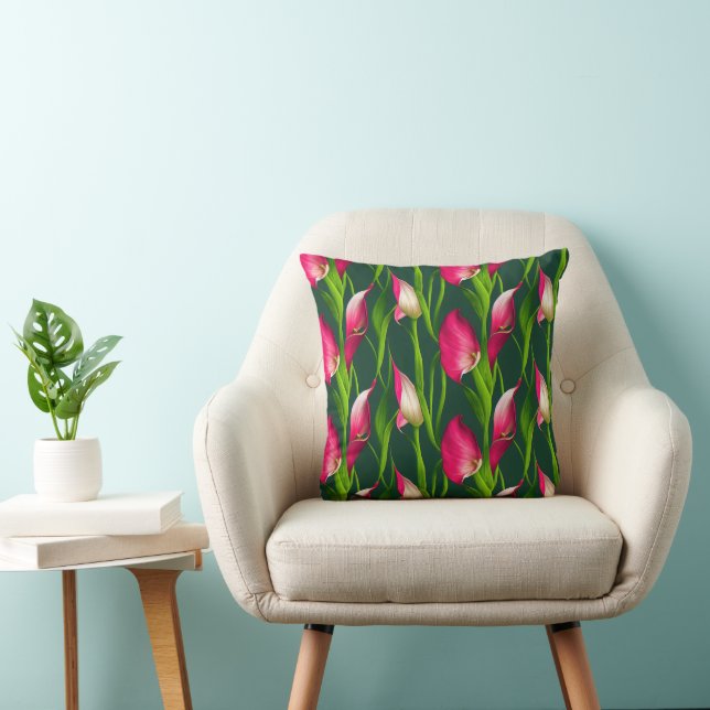 Beautiful Bold Pink & Green Calla Lilly Florals Wr Throw Pillow (Chair)