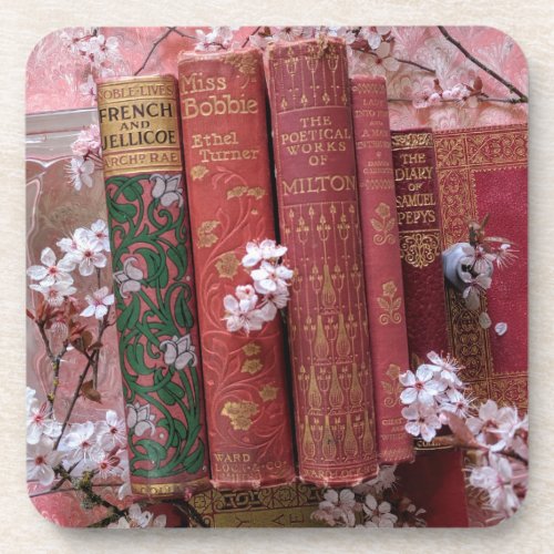 Beautiful Book Spines pink Beverage Coaster