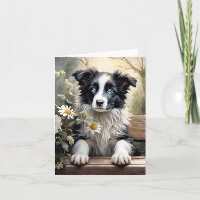 Beautiful Border Collie Dog Flowers Blank Greeting Card (Front)