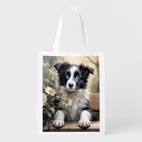 Beautiful Border Collie Dog Flowers Reusable  Grocery Bag