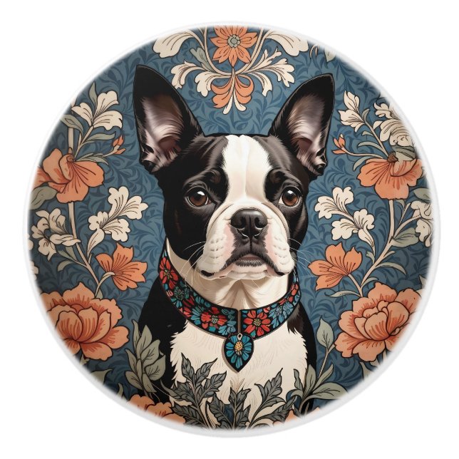 Beautiful Boston Terrier William Morris Inspired Ceramic Knob (Front)