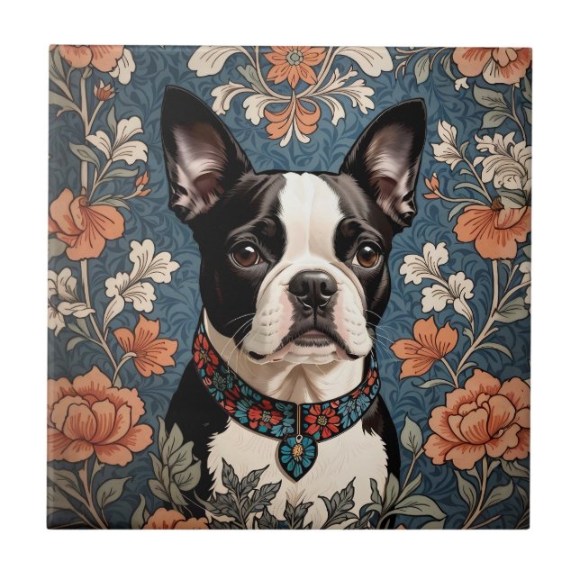 Beautiful Boston Terrier William Morris Inspired Ceramic Tile (Front)