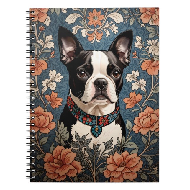 Beautiful Boston Terrier William Morris Inspired Notebook (Front)