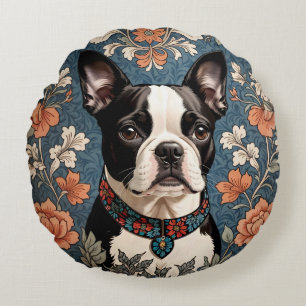 Beautiful Boston Terrier William Morris Inspired Round Pillow