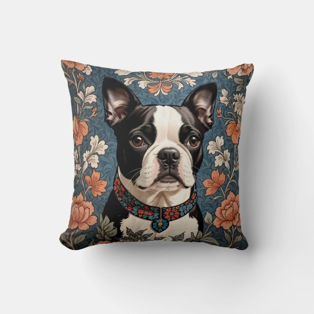 Beautiful Boston Terrier William Morris Inspired Throw Pillow (Front)