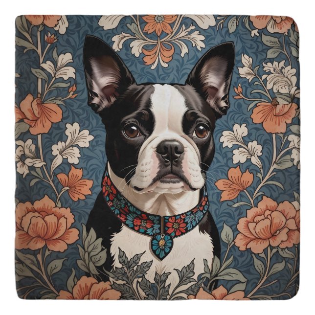 Beautiful Boston Terrier William Morris Inspired Trivet (Front)