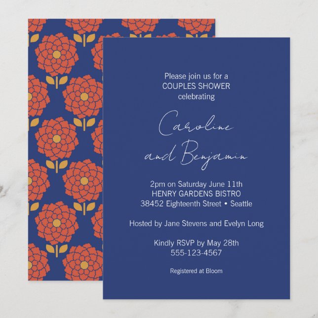 Beautiful Botanical Blue Red Floral Couples Shower Invitation (Front/Back)