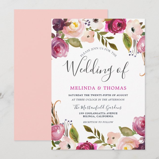 Beautiful Botanical Blush Floral Elegant Wedding Invitation (Front/Back)