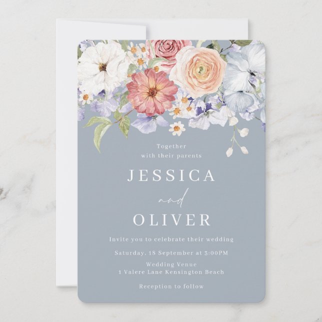 Beautiful Botanical Floral Dusty Blue Wedding Invitation (Front)