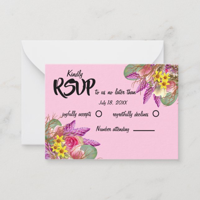 Beautiful Botanical Floral Garden Pink RSVP Card (Front)