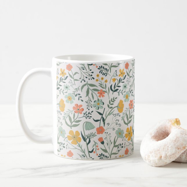 Beautiful Botanical Floral Pattern Coffee Mug (With Donut)