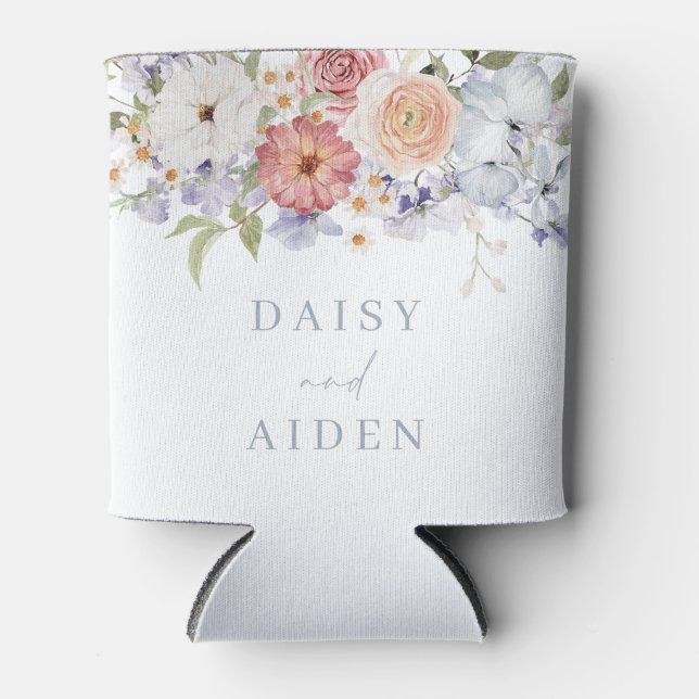 Beautiful Botanical Floral Watercolor Wedding Can Cooler (Front)