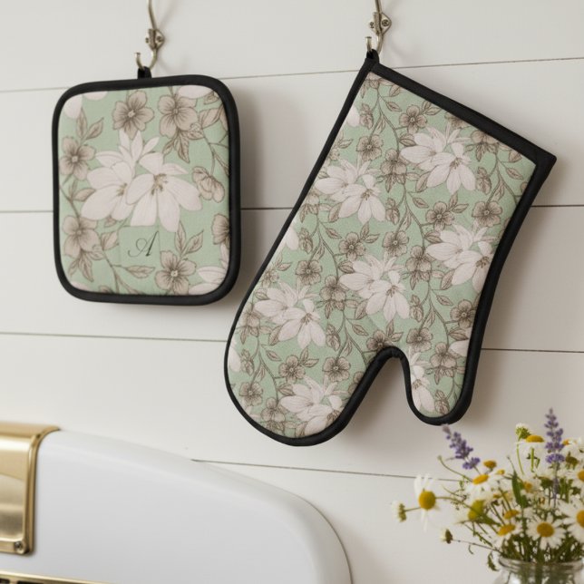 Beautiful Botanical Flowers and Leaves Light Green Oven Mitt & Pot Holder Set (Creator Uploaded)