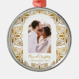Beautiful Botanical Married Christmas Photo Arch Metal Ornament