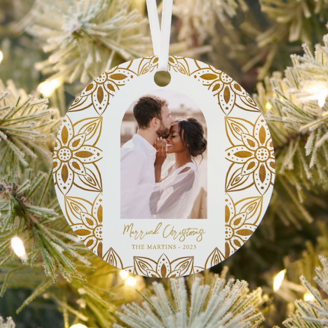 Beautiful Botanical Married Christmas Photo Arch Metal Ornament (Insitu)