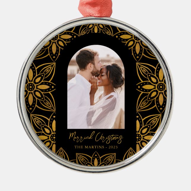 Beautiful Botanical Married Christmas Photo Black Metal Ornament (Front)