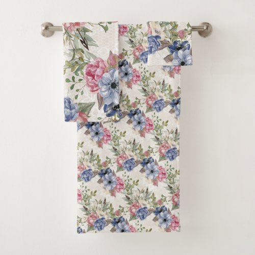 Beautiful Botanical Pink and Blue Flowers Bath Towel Set