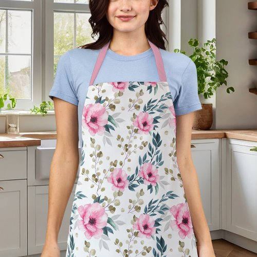 Beautiful Botanical Pink And Green Floral Apron