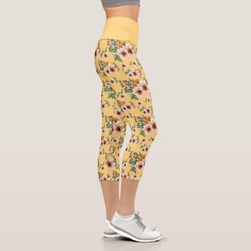 Beautiful Botanical Pink And Yellow Floral Capri Leggings