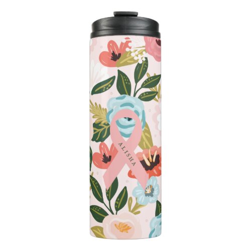 Beautiful Botanical Pink Breast Cancer Ribbon Thermal Tumbler