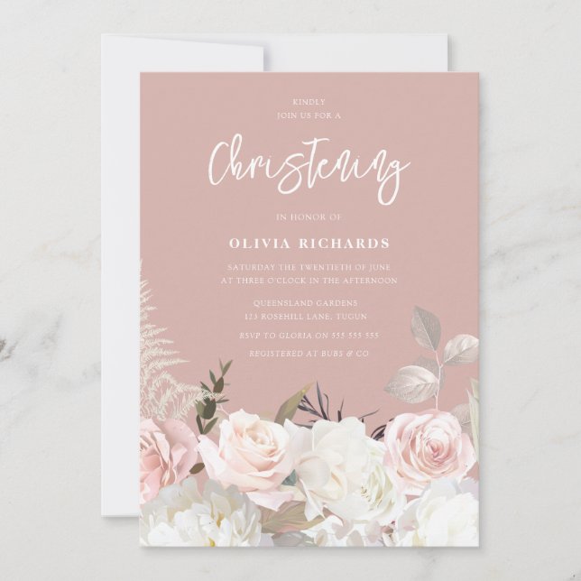 Beautiful Botanical Rose Baptism Christening Invitation (Front)
