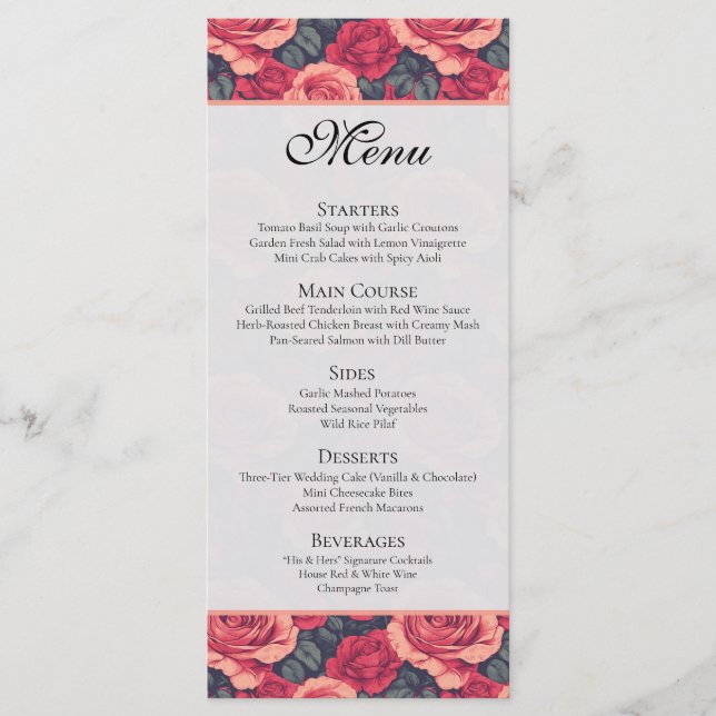 Beautiful Botanical Rose Wedding Menu (Front)