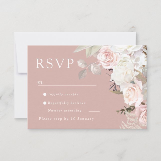 Beautiful Botanical Roses All Seasons Wedding RSVP Card (Front)