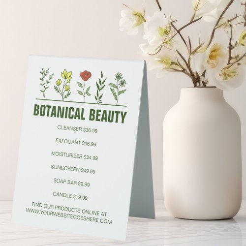 Beautiful Botanical Spa Company Skincare Products Table Tent