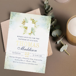 Beautiful Botanical White Cross Baptism Foil Invitation