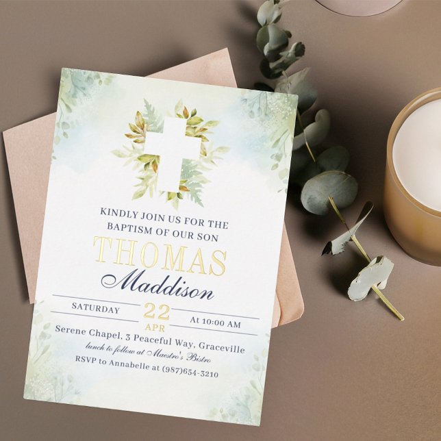 Beautiful Botanical White Cross Baptism Foil Invitation (Creator Uploaded)