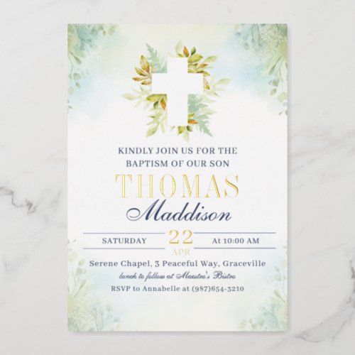 Beautiful Botanical White Cross Baptism Foil Invitation