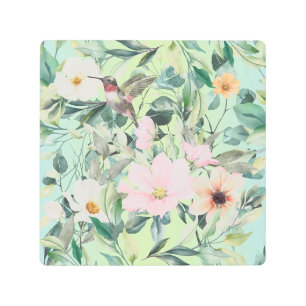 Beautiful Botanical Wildflowers and Hummingbird Metal Print