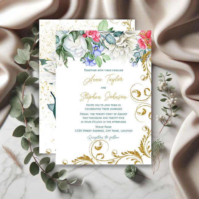Beautiful Botanicals with Faux Gold Glitter Swirls Invitation (Beautiful botanicals and faux gold glitter swirls invitation front and back.)