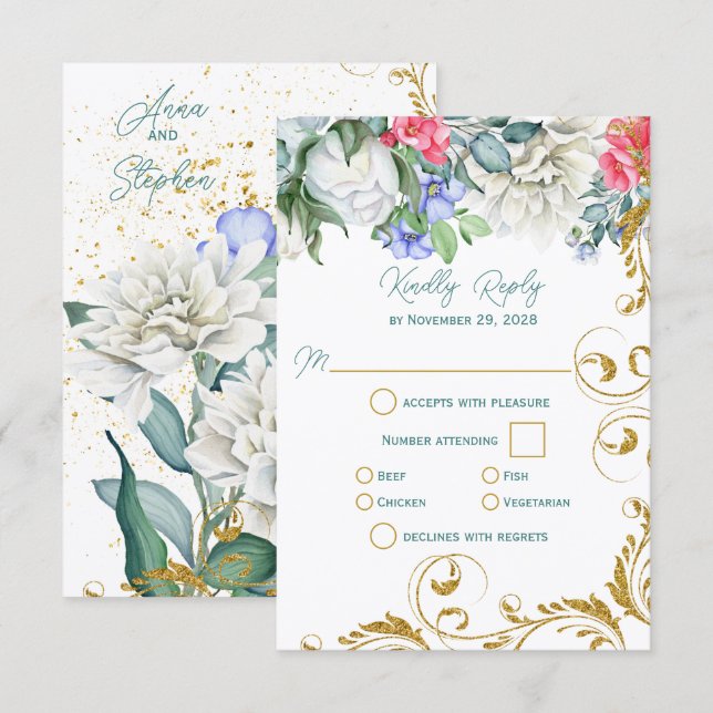 Beautiful Botanicals with Faux Gold Swirls RSVP (Front/Back)
