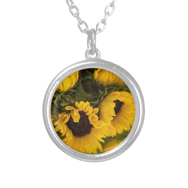 Beautiful Bouquet of Gold Sunflowers Silver Plated Necklace (Front)
