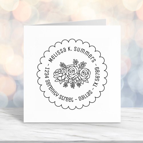 Beautiful Bouquet Rose Flowers Scalloped Address Self_inking Stamp