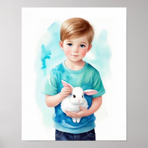 Beautiful Boy Holding Bunny Nursery Art Poster