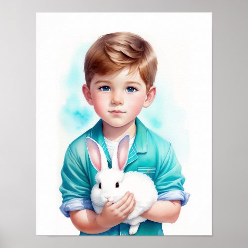Beautiful Boy Holding Bunny Nursery Art Poster
