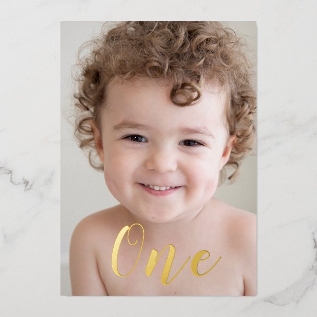 Beautiful Boys 1st Birthday Party Photo & Gold Foil Invitation (Front)