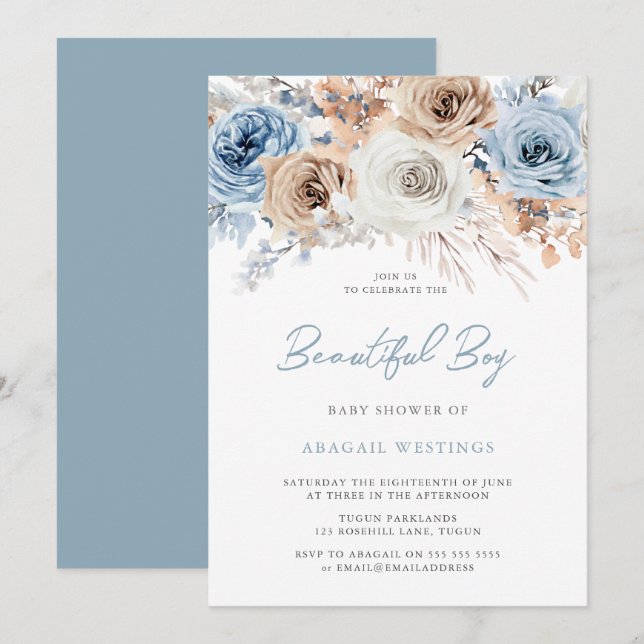 Beautiful Boy's Baby Shower: Boho Blue Floral Invitation (Front/Back)