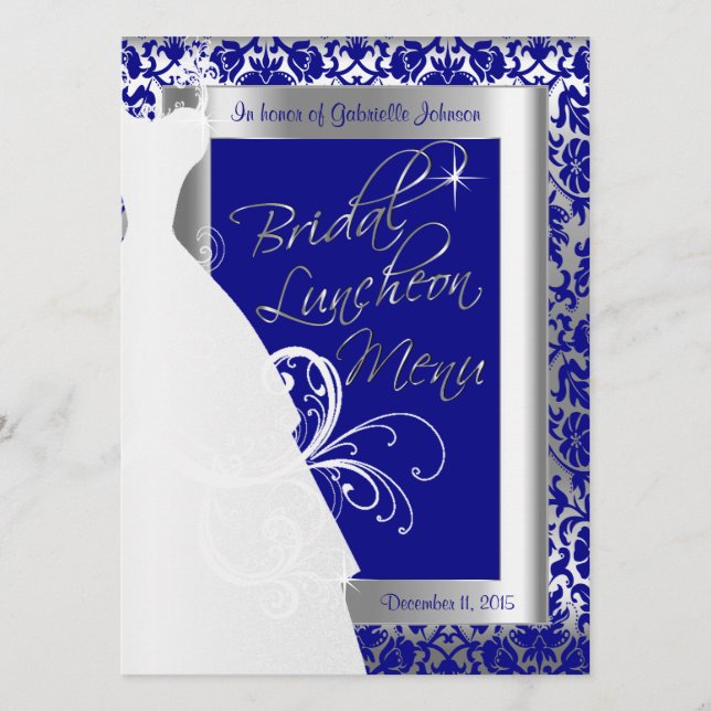 Beautiful Bridal Menu in Silver and Royal Blue (Front)