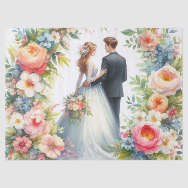 Beautiful Bride and Groom Floral Wedding Tissue Paper (Front)
