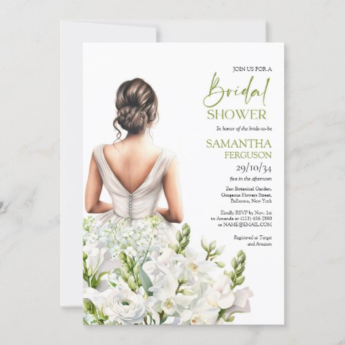 Beautiful bride with lavish bouquet white flowers invitation