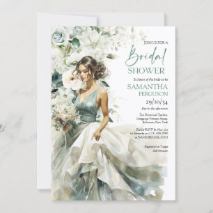 Beautiful bride with wedding dress and bouquet invitation