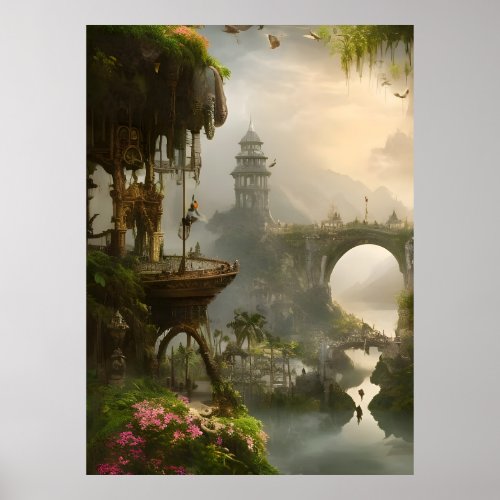 Beautiful Bridge river lookout Fantasy  Poster