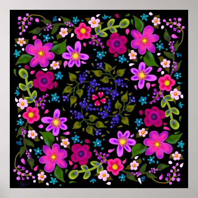 Beautiful Bright Boho Flowers Pink and Periwinkle Poster (Front)