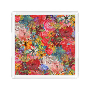 Beautiful Bright Colorful Abstract Floral Pattern Acrylic Tray