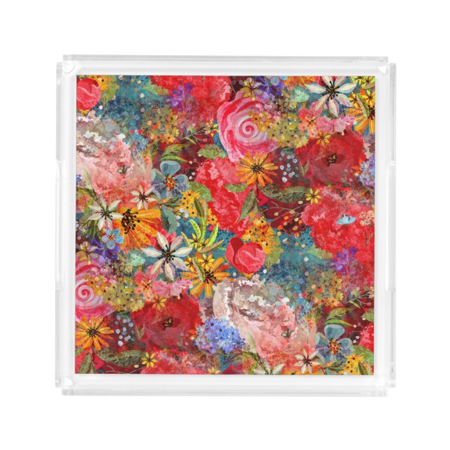 Beautiful Bright Colorful Abstract Floral Pattern Acrylic Tray (Front)