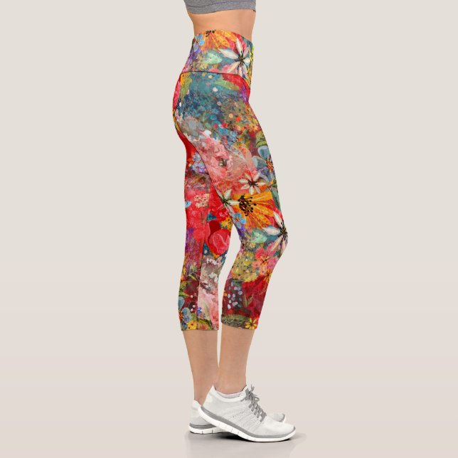 Beautiful Bright Colorful Abstract Floral Pattern Capri Leggings (Right)
