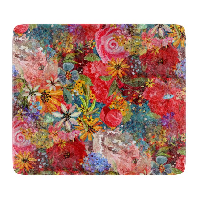 Beautiful Bright Colorful Abstract Floral Pattern Cutting Board (Front)